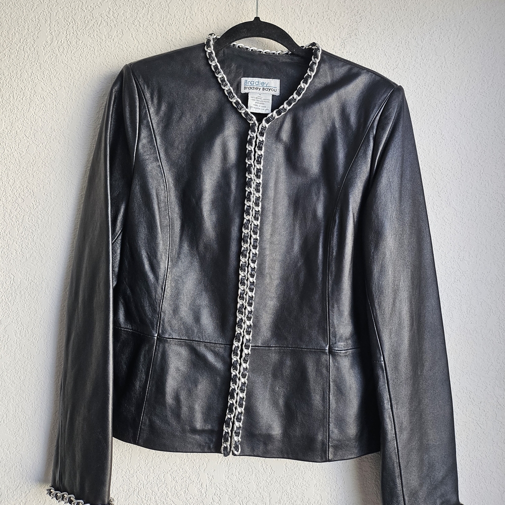 Black Leather Jacket with Chain Accents